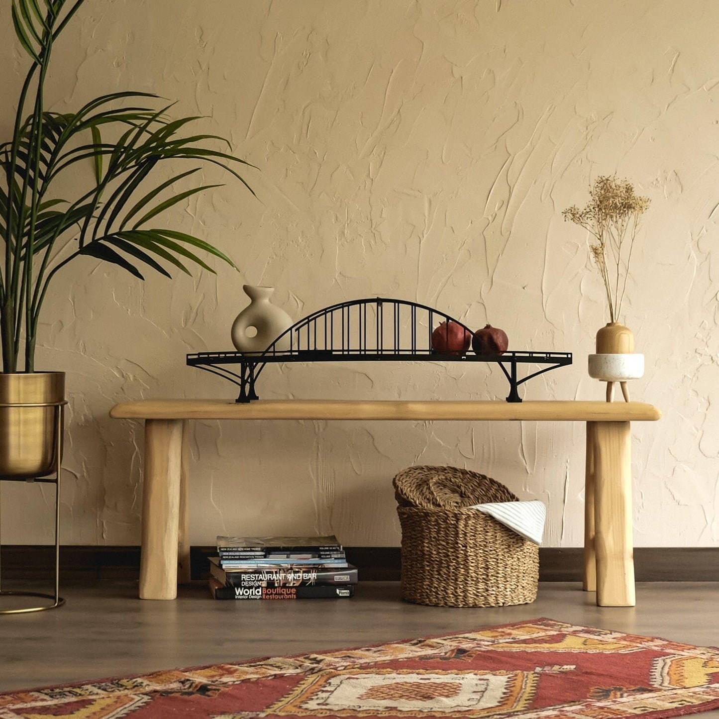 Metal Bridge Shelf – Iron Floating Shelf for Wall or Desk Use – Decorative Storage Rack for Books, Plants & Home Decor – Wall-Mounted or Tabletop Display (Loftesnes Black)