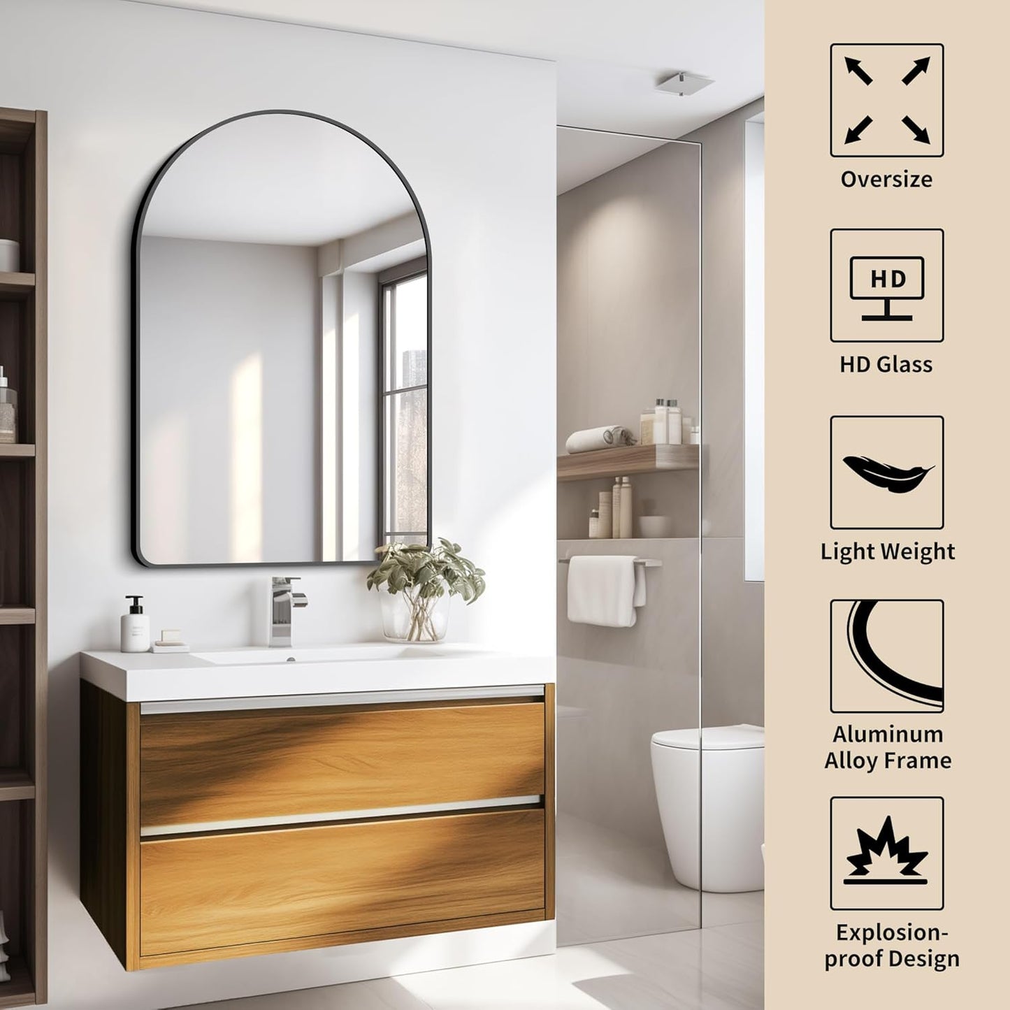 FORBATH Arched Bathroom Mirror 26x38 Inch, Bathroom Mirror Wall Mounted Modern Black Aluminum Alloy Frame Decor Dresser Mirror for Bedroom Living Room Entryway, Hanging or Leaning Against Wall