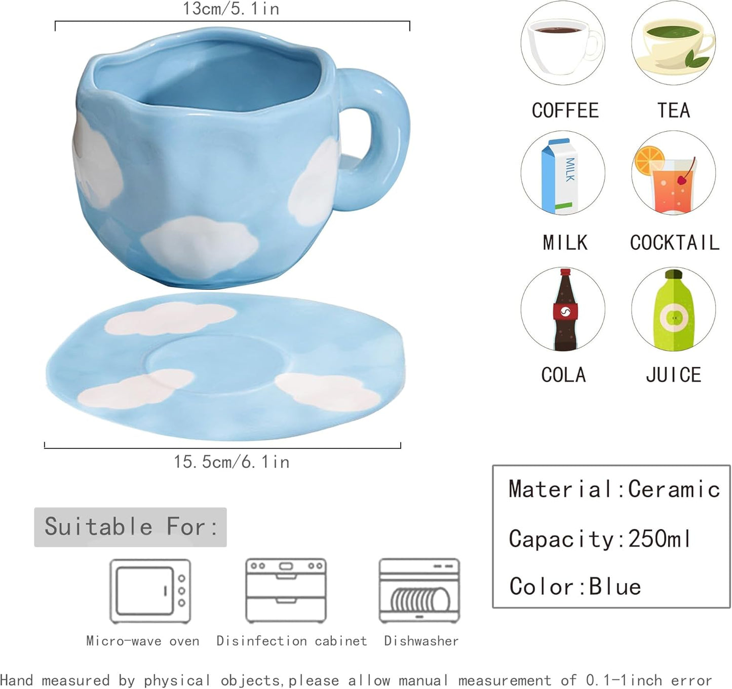 Coffee Mugs Set with Saucer Cute Cloud In The Sky Cup Gifts for Women for Birthday Tea Coffee Mug 250 ML Ceramic Cup Birthday Gift for Women Girls Mom Friend Coffee Mug Tea Cup Saucer Set