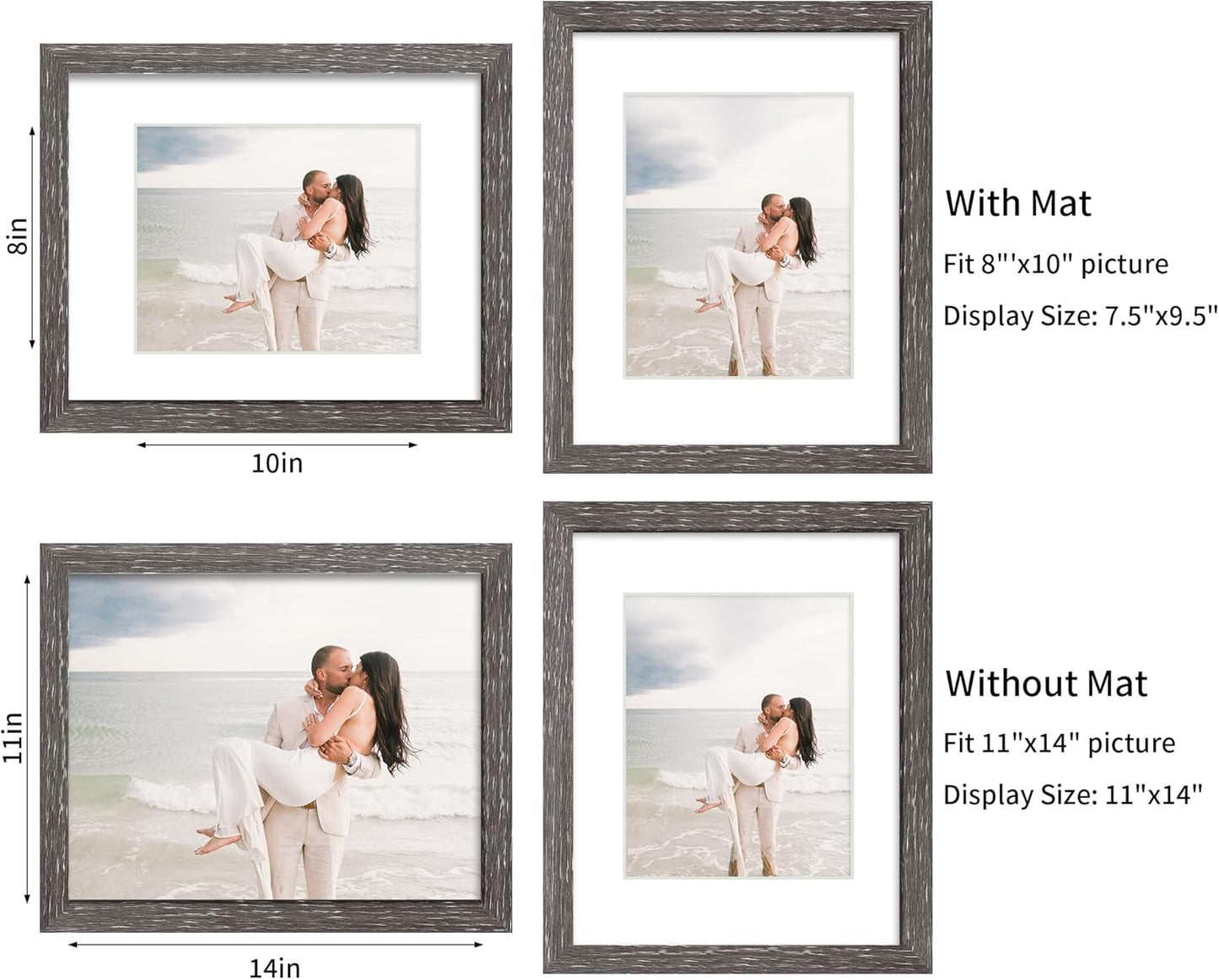 iRahmen 11x14 Picture Frame Set of 2, HD Plexglass Poster Frames Display Picture 8x10 with Mat or 11 x 14 without Mat, Rustic Photo Frame for Wall Mounting Horizontal Vertical