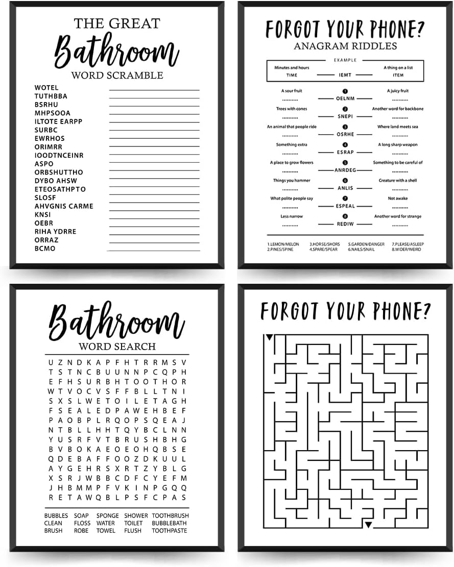 ETVISO Funny Bathroom Decor Wall Art Set of 4, Funny Crossword Puzzle Wall Art, Funny Forget Your Phone, Bathroom Word Search Wall Decor, 8x10 (Unframed)
