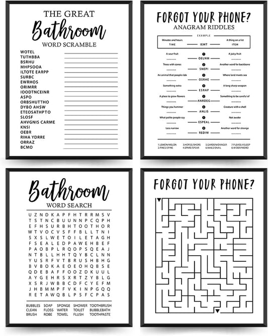 ETVISO Funny Bathroom Decor Wall Art Set of 4, Funny Crossword Puzzle Wall Art, Funny Forget Your Phone, Bathroom Word Search Wall Decor, 8x10 (Unframed)