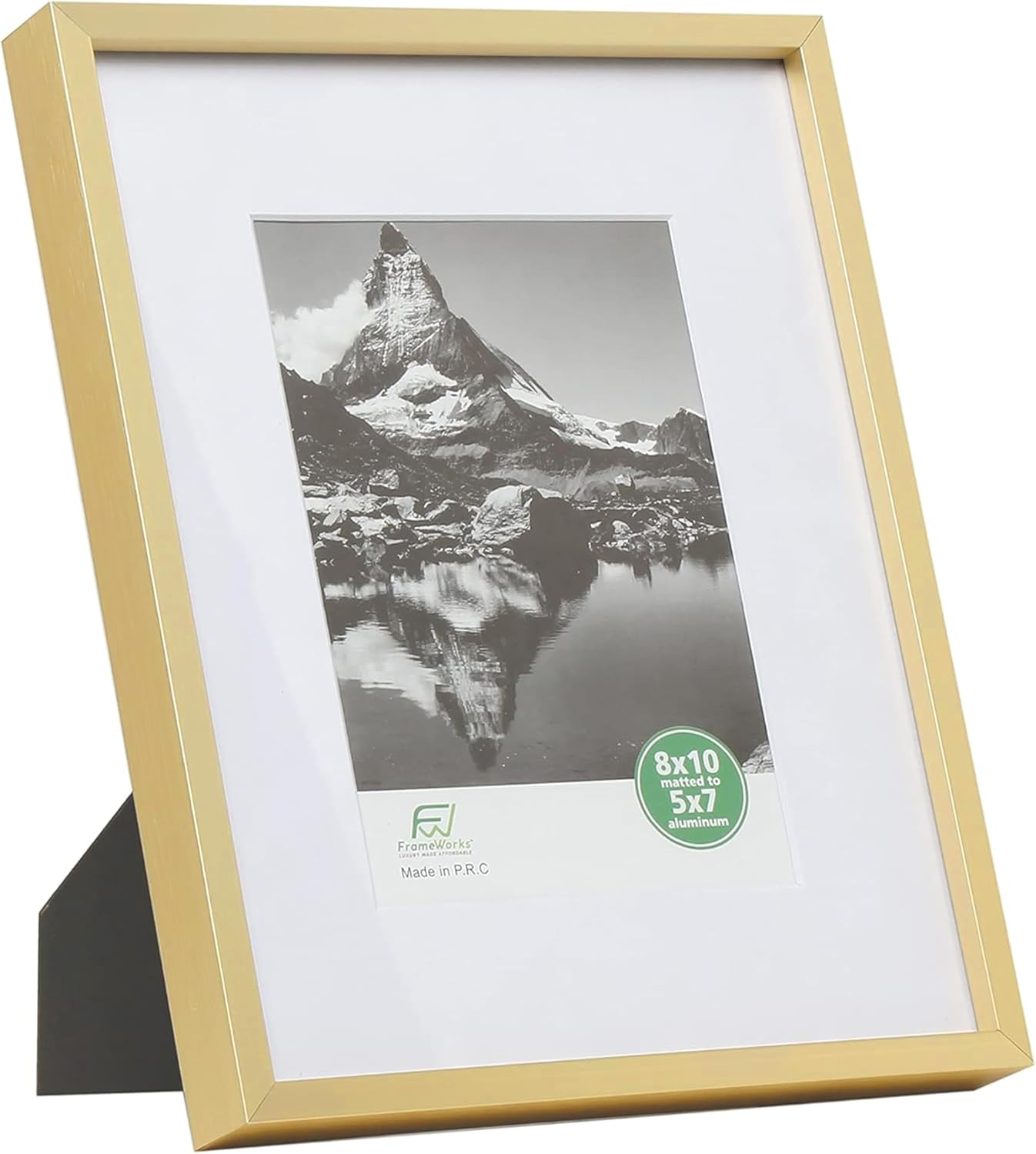 FrameWorks 8x10 Matted to 5x7 Picture Frame – Aluminum Frame w/Tempered Glass, Removable Mat for Photos, Posters, Art, Stylish Wall Frame for Home Decor, Gallery Walls, Office, Living Room - Gold