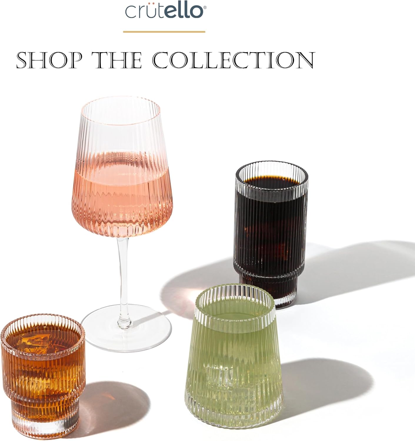 Crutello Modern Wine Glasses 12 oz Stemless, Set of 4, Unique Fluted Glassware with Vintage Ripple Texture, Art Deco Red or White Wine Fancy Glasses