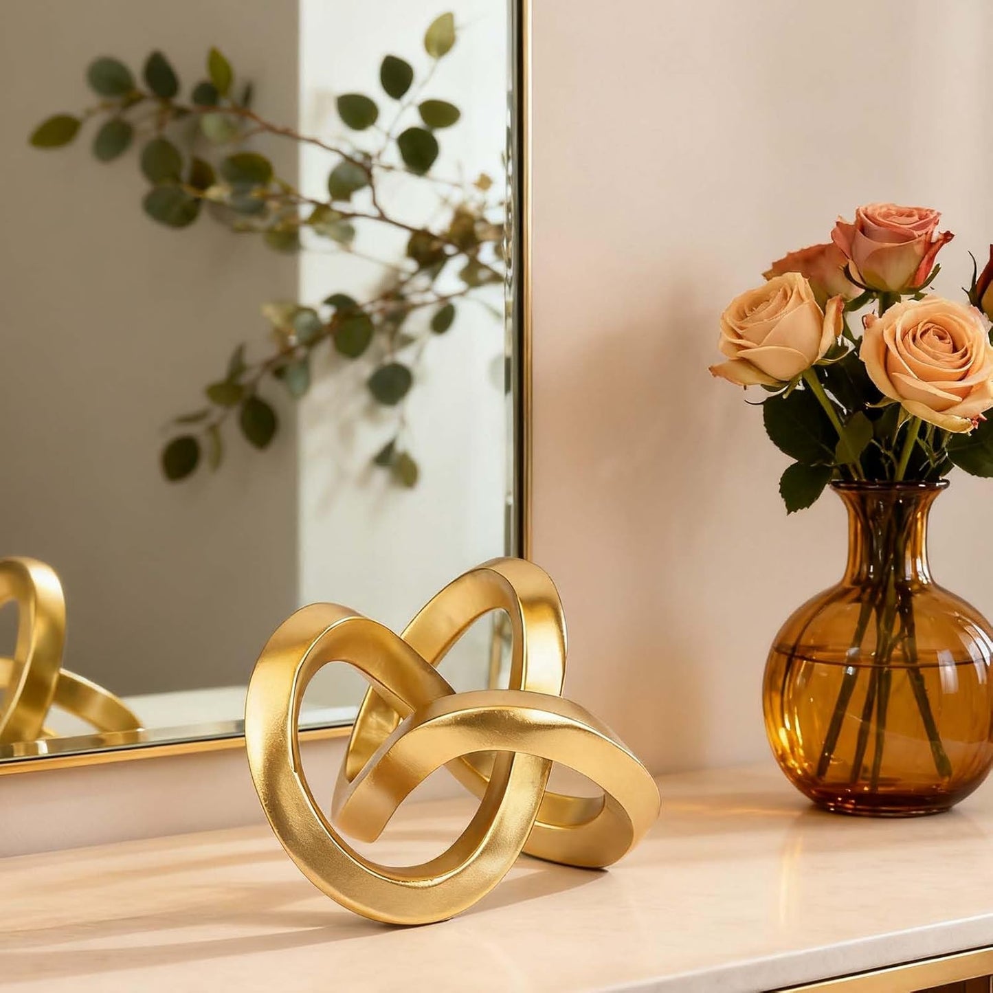 Knot Geometric Sculpture Decor,Mid Century Modern Abstract Figurines,Home Decor Statue,Bookcase Decor,Decorative Accents for Living Room, Coffee Table, Office Desktop, Shelf (Gold)