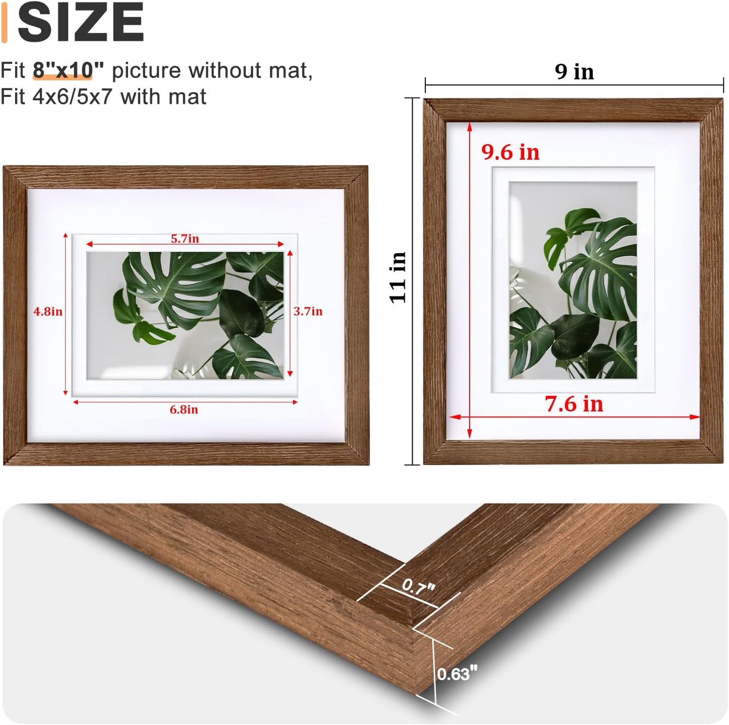 Egofine 8x10 Picture Frames Set of 4, Made of Solid Wood Covered by Plexiglass 4x6 and 5x7 with Mat or 8x10 without Mat, for Table Top Display and Wall Mounting Photo Frame,Walnut Brown