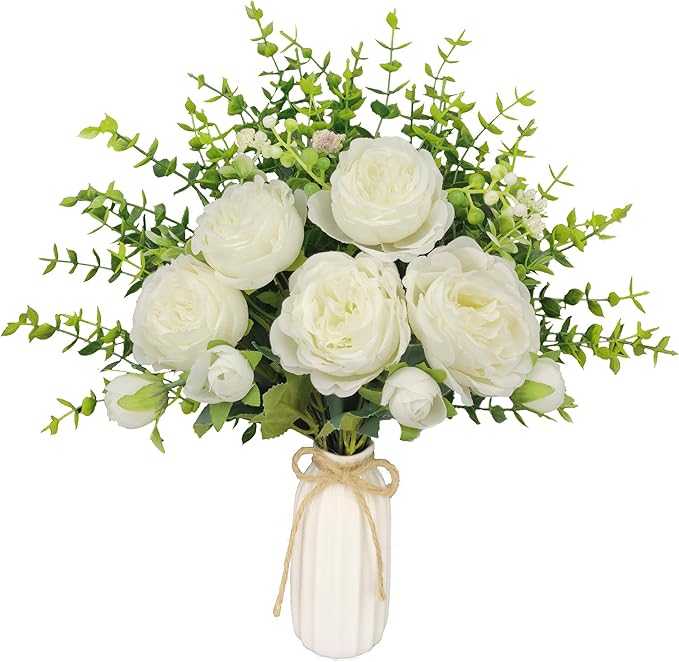 Fake Flowers in Vase, Ceramic Vase with Artificial Silk Flowers, Faux Eucalyptus Stems Flower Arrangement for Farmhouse Indoor Table Centerpiece, Bathroom Living Room Home Decor, Bedroom Decorations