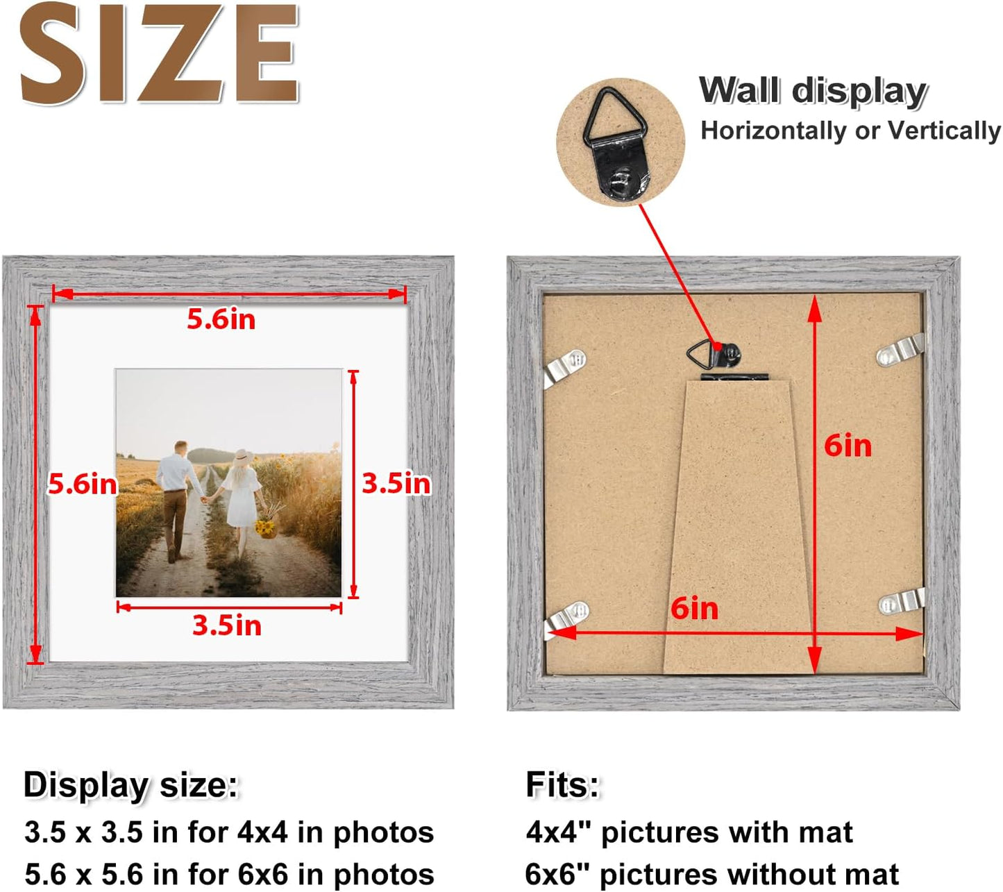 KINLINK 6x6 Picture Frame, Grey Square Solid Wood Frames for Pictures 4x4 with Mat or 6x6 without Mat, Wall and Tabletop Display Photo Frames Grey Wood 4 Pack