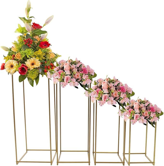 4Pcs Golden Metal Rectangular Flower Stand for Wedding Decorations, Easy to Install, DIY Fun, Unique Design