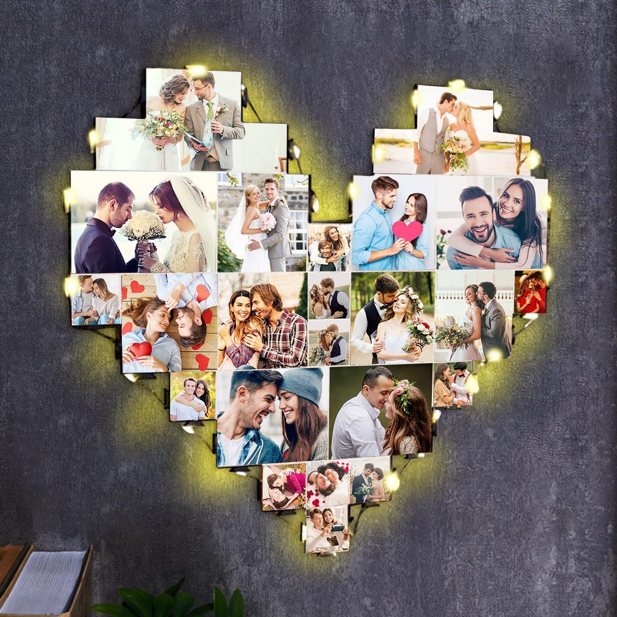 Heart Picture Frames Collage with custom 15 photo Wall Hanging Picture Frame with Led Light, Multi Photo Frame Collage for Family Pictures Wall Decor Gift For Mom Dad Father Lover Wife (15 photo)