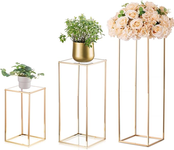 Sziqiqi Wedding Centerpieces for Tables Tall Metal Flower Stand Decorations for Weddings Party Gold Floor Geometric Vases for Events Reception Set of 3 (S+M+L, Gold)