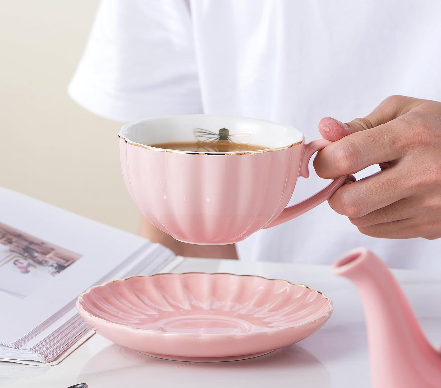 CLAY TONIC- 8 OZ Fine China Pink Coffee Cup/Teacup Set, Cups& Saucer, with Teapot-Sugar Bowl-Cream Pitcher Teaspoons and tea strainer for Tea/Coffee,24-Pieces- Service for 6 (Pink)