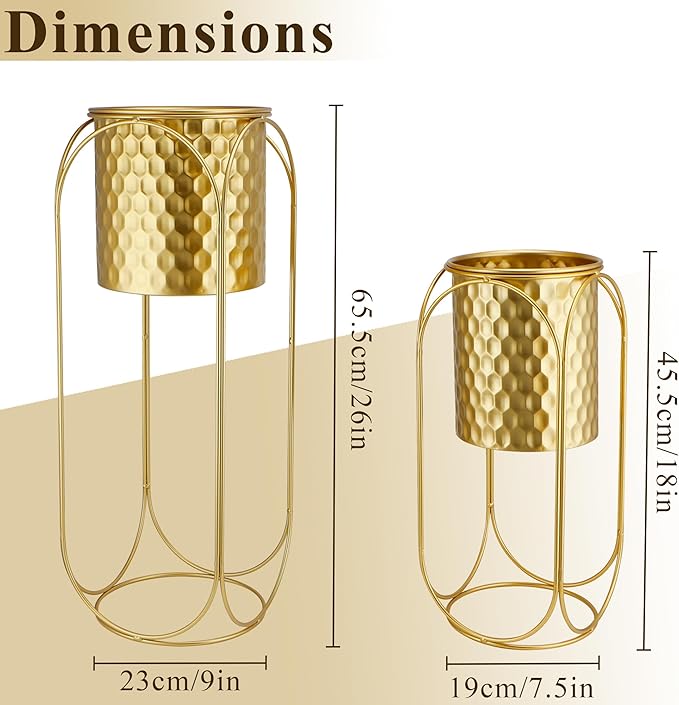 TRIROCKS Set of 2 Planters with Stand Large Gold Planter for Indoor Plants 26 &18" H Morden Plant Pot for Living Room Corner Kitchen Office Garden Balcony Patio Decor(Gold)