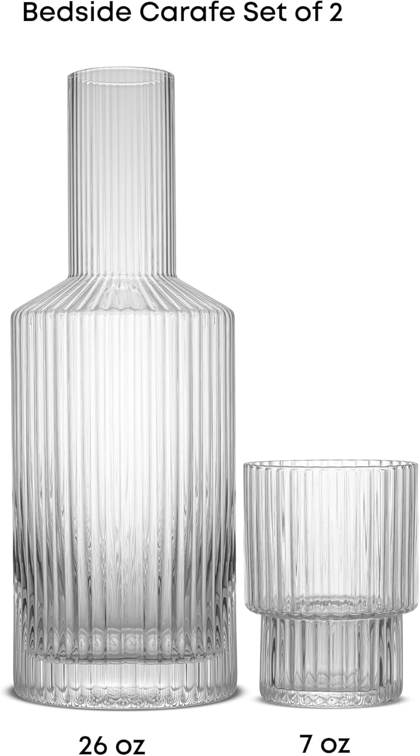 JoyJolt Bedside Water Carafe and Glass Set. Elle Fluted Glass Carafe and Ribbed Glassware. Vintage Nightstand Water, Mouthwash Decanter for Bathroom or Ribbed Vase. Mid Century Modern Glassware