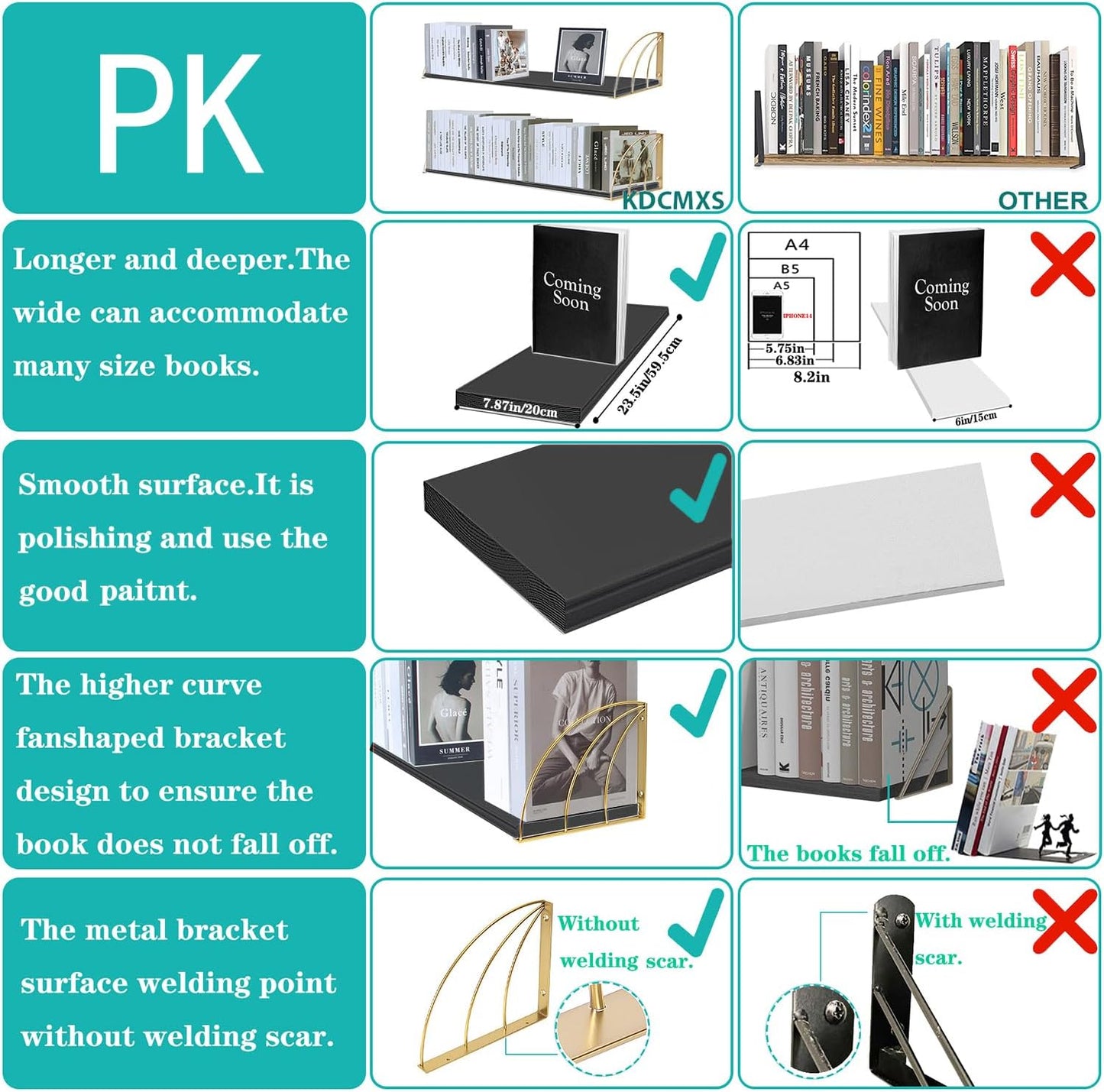 Black Floating Shelves Pine Wood 23.5×7.87 Inch Black Floating Bookshelf with Elegant Lines,Long Gold Shelves,Black and Gold Floating Shelves for Floating Book Shelf Set of 2.