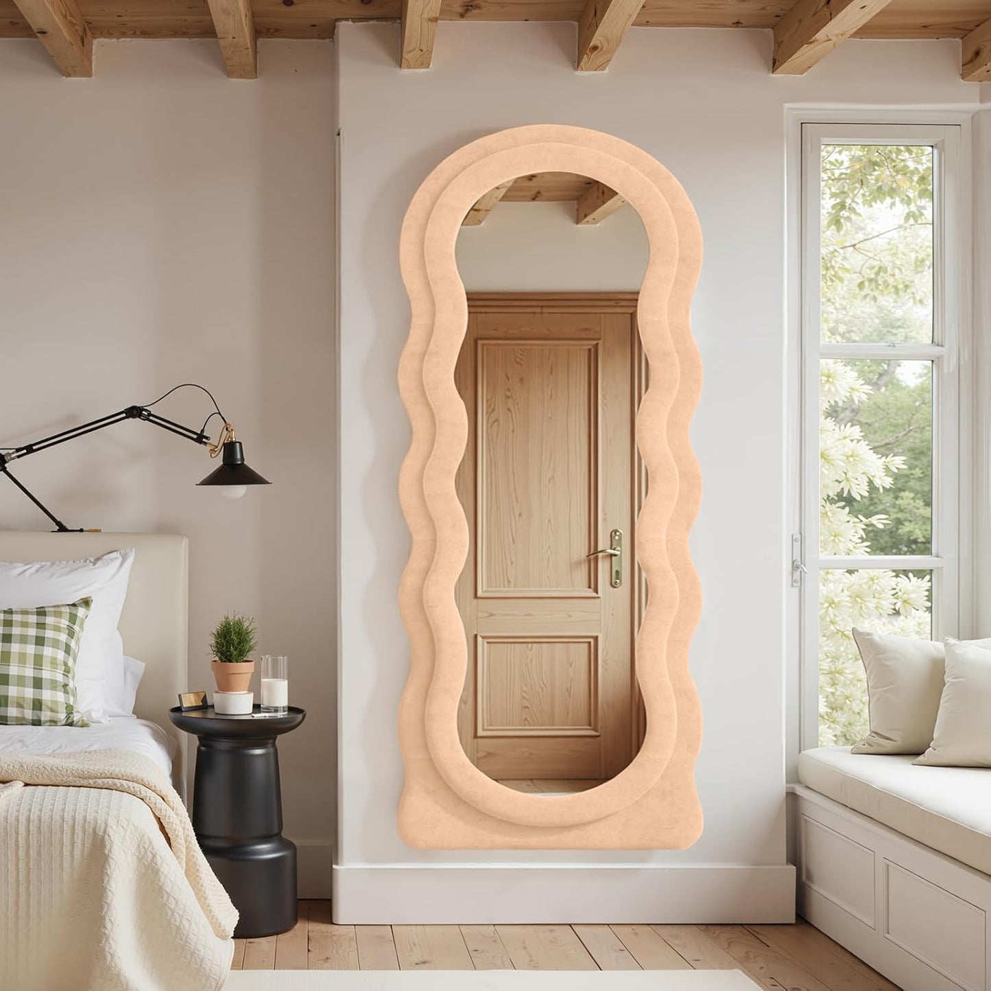 Full Length Mirror 71"x30" Irregular Wavy Full Body Wall Mounted Floor Mirror with Stand Milk Tea Flannel Frame Leaning Hanging Wall for Bedroom Entrance Hallway