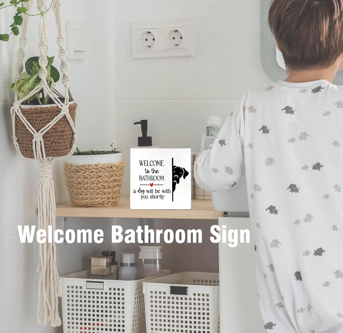 Funny Bathroom Dog Wall Decor Desk Wood Sign, Dog Decor for Home Welcome To The Bathroom Sign, Gifts for Women Dog Lovers, Welcome To The Bathroom A Dog Will Be With You, 5x5 inch