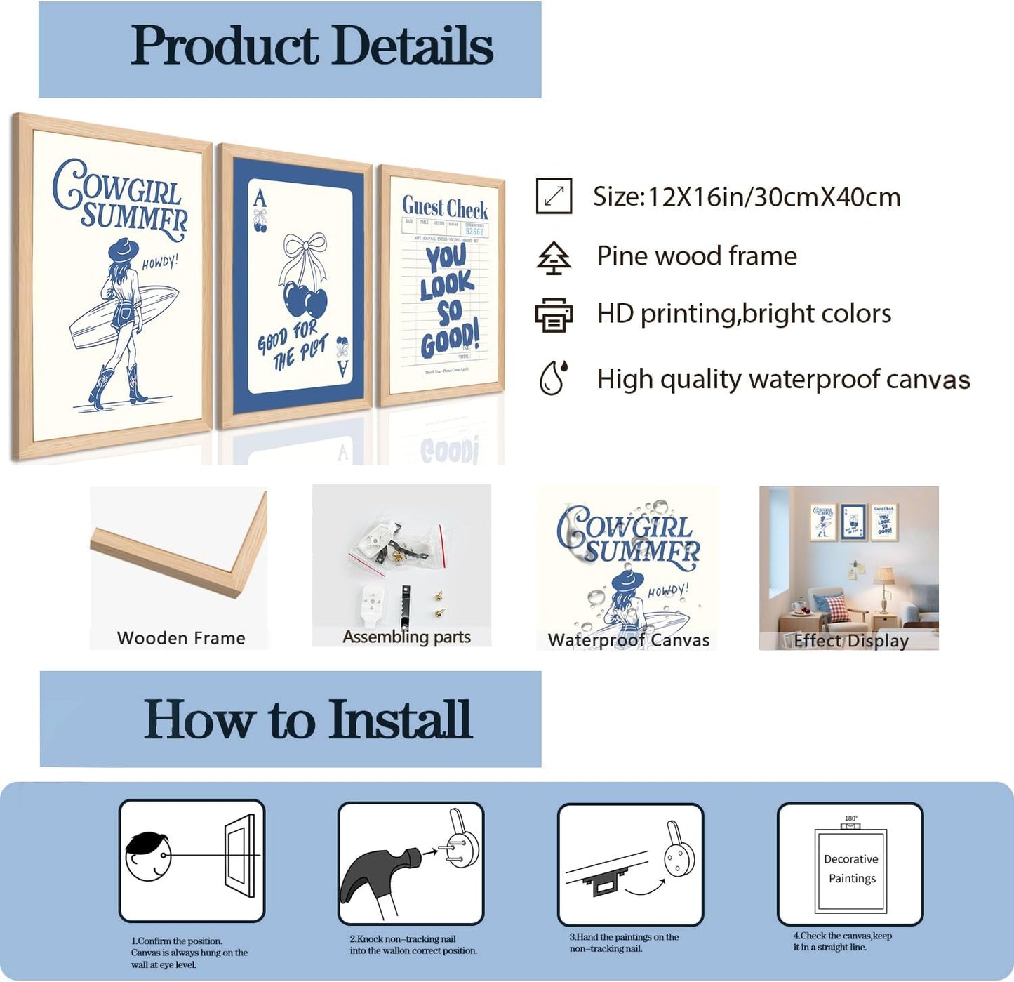 Blue Preppy Canvas Wall Art Set of 3, Coastal Cowgirl Pictures Wall Decor Paintings, Trendy Cherry Guest Check Poster Prints Aesthetic Home Decor for Teen Girls Bedroom Dorm 12x16 inch Framed