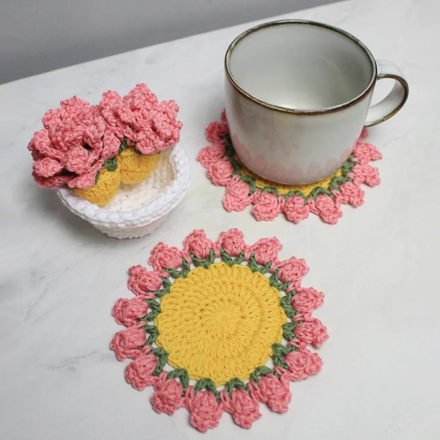 Cute Coasters Set of 4,Funny Pink Flower Coasters,Crochet Plant Pot Coaster Set for Drinks with Flowerpot Holder,Fun Soft Decorative Coasters Housewarming for New Home Bar Desk