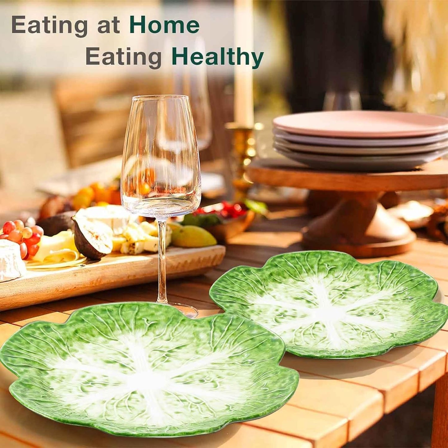 KXZ Set of 4 Green Ceramic Salad Plate, 10.5 Inch Cabbage Plates, Porcelain Decorative Plates for Kitchen, Round Appetizer Bowl for Dessert, Decorative, Dinner, Pancakes, Steak