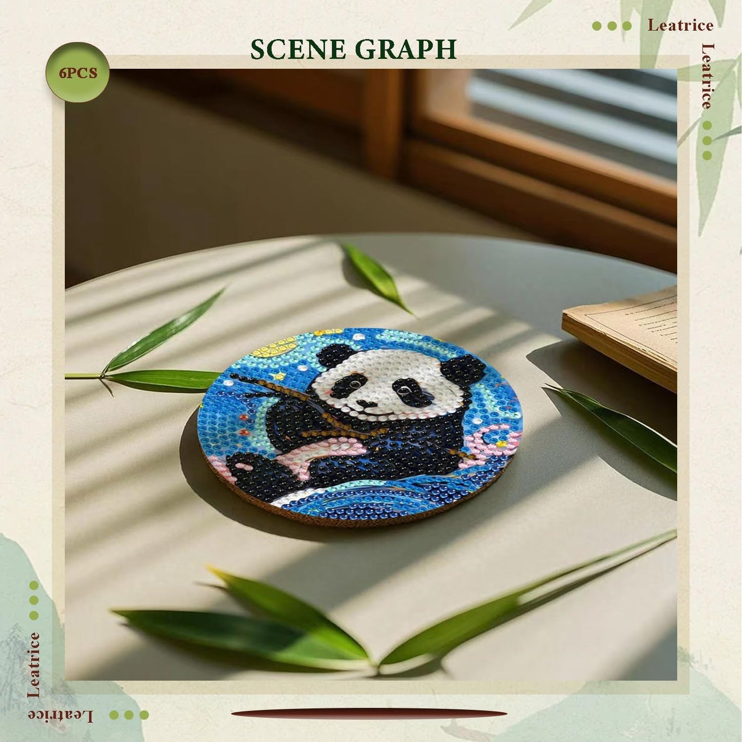 Leatrice 6PCS Panda Diamond Art Coasters Small Diamond Painting Kits for Adults Diamond Dots Round Full Drill Diamond Coasters with Holder Easy Art Crafts for Beginners Women Gifts