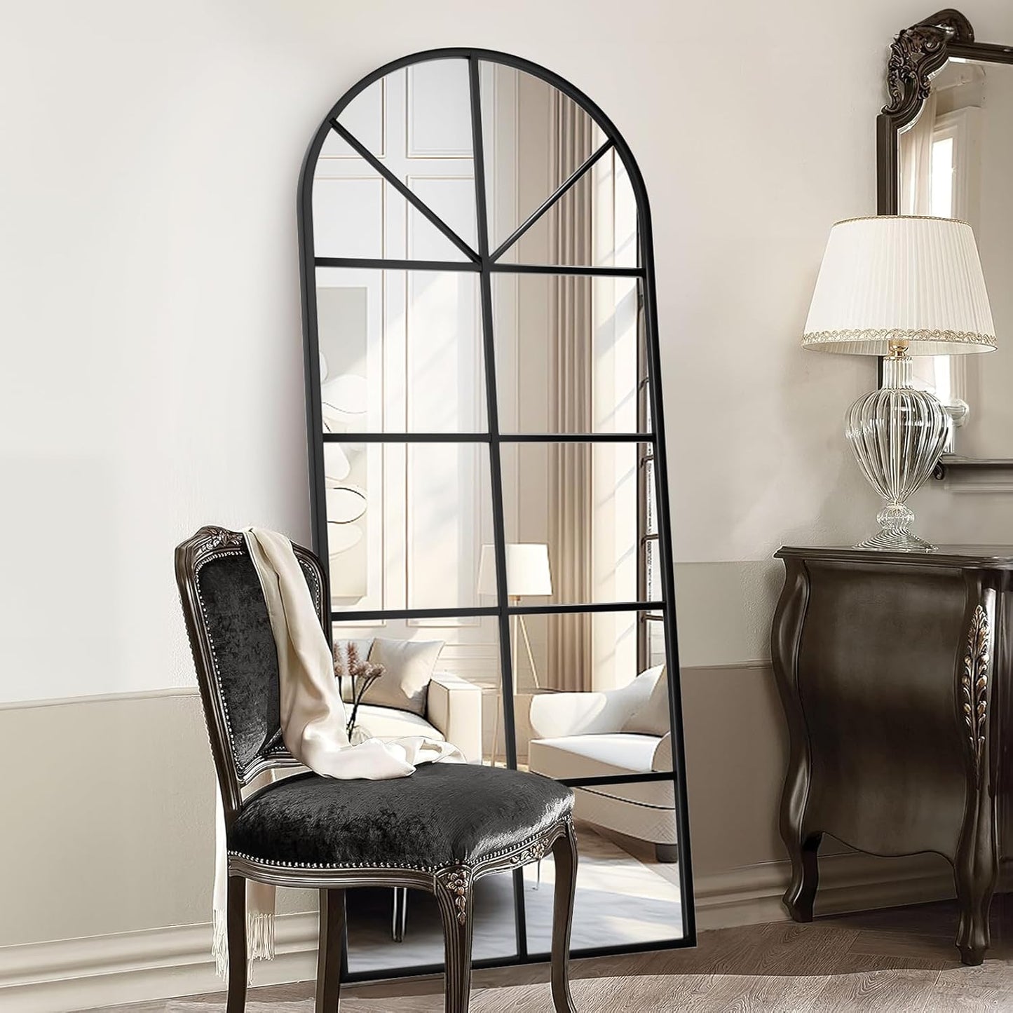 Floor Full Length Mirror, 71"x32" Large Arched Window Pane Mirror, Oversize Wall Full Body Mirrors, Black Farmhouse Standing Mirrors Hanging or Leaning for Living Room, Entryway, No Stand