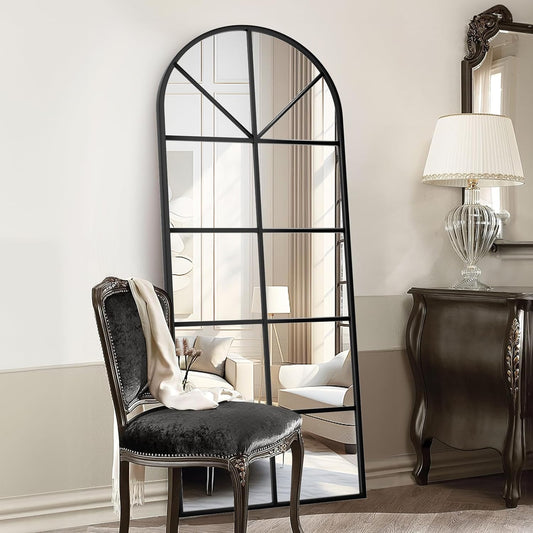 Floor Full Length Mirror, 71"x32" Large Arched Window Pane Mirror, Oversize Wall Full Body Mirrors, Black Farmhouse Standing Mirrors Hanging or Leaning for Living Room, Entryway, No Stand