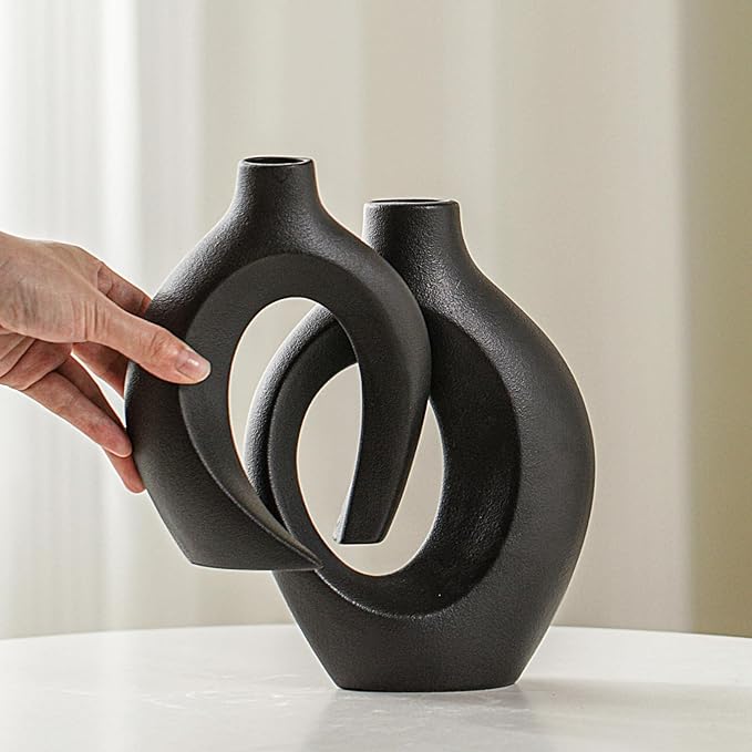 Snuggle Hollow Modern Ceramic Vase Set of 2, Mid Century Nordic Aesthetic Decorative Vase Decorative Vases for Home Table Decor (Matte Black W 6.3" X H 8.4")