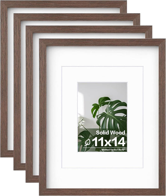 Egofine 11x14 Picture Frames Set of 4, Made of Solid Wood Covered by Plexiglass 5x7 and 8x10 with Mat or 11x14 without Mat, for Table Top Display and Wall Mounting Photo Frame Brown