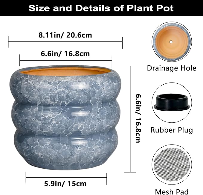 SQOWL Ceramic Planter 8 Inch - Indoor Plant Pot with Drainage Hole Outdoor Planter Round Flower Pot Modern Decorative Plant Pot for Home Office Decor Gray