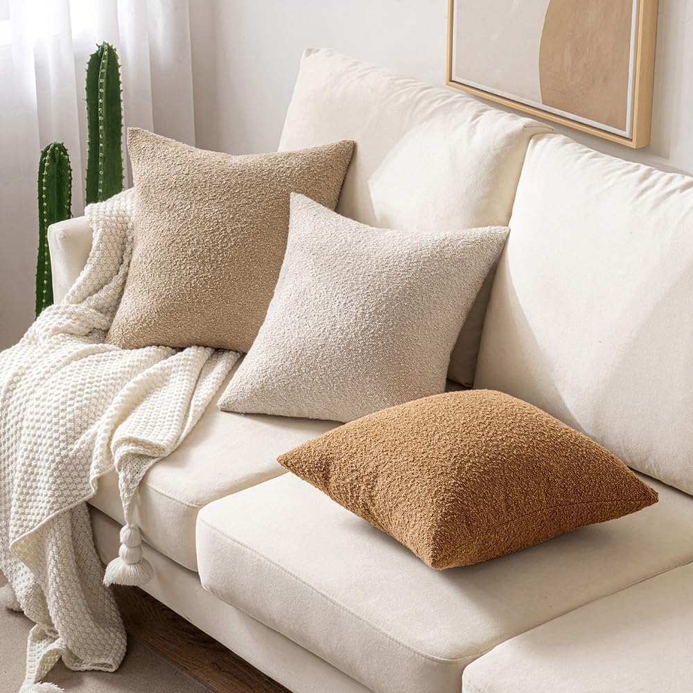 MIULEE 18x18 Inch Decorative Pillow Covers for Couch Bed Set of 2 Textured Boucle Neutral Winter Throw Pillows Oatmeal Accent Solid Cushion Pillowcases Sofa Livingroom Home Decor