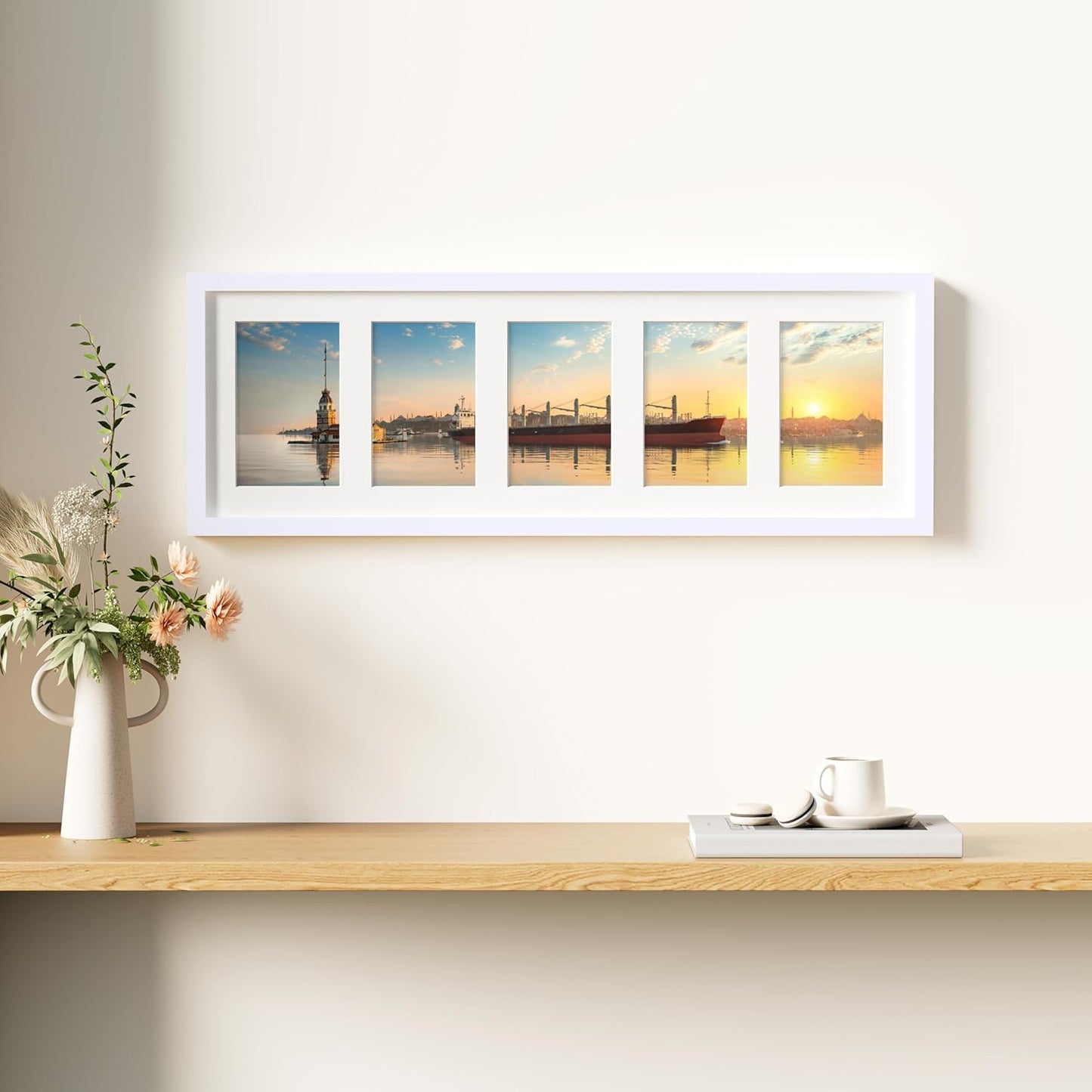 decorUhome 8x24 Picture Frames Collage Wall Decor, Display 5Pcs 4x6 Photos with Mat or 1Pcs 8x24 Unmatted, 5 4x6 Collage Picture Frames for Wall Mounting, White