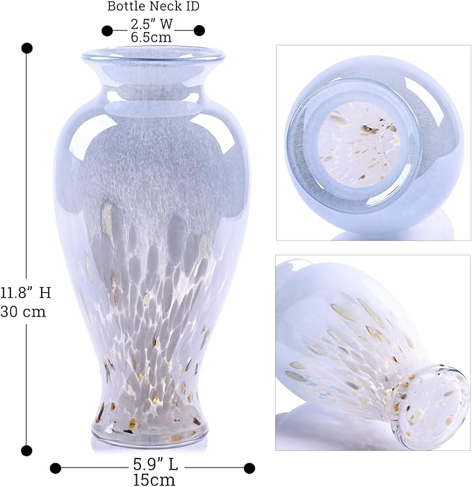 11.8" Tall Blown Blue Glass Vase, Colorful Opaque Glass Vase, Unique Design Wide Mouth Art Decoration for Home, Living Room, Dining Table, Pampas Grass Decor (Blue White)