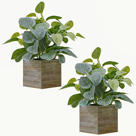 2 Pack Artificial Green Plants with 4"×4" Wooden Cube Bases, 13.5" Tall Faux Foliage for Home & Office Decor, Bookshelf, Bedroom, Living Room, Party, Indoor, Wedding Decorations