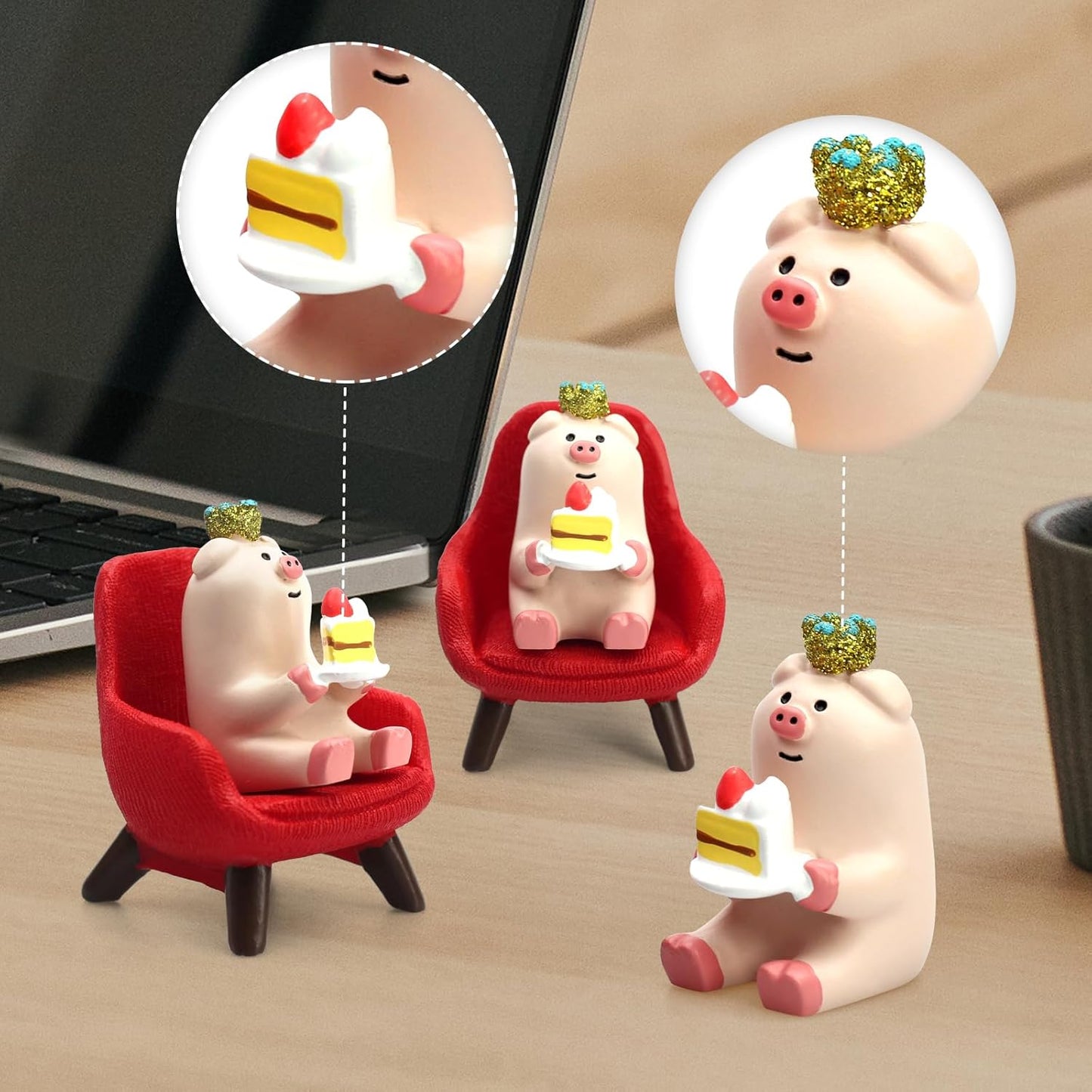Cute Mini Pig Eating Cake Resin Figurine Apply to for Office, Home Decoration Perfect for Pig Lovers - Red Sofa