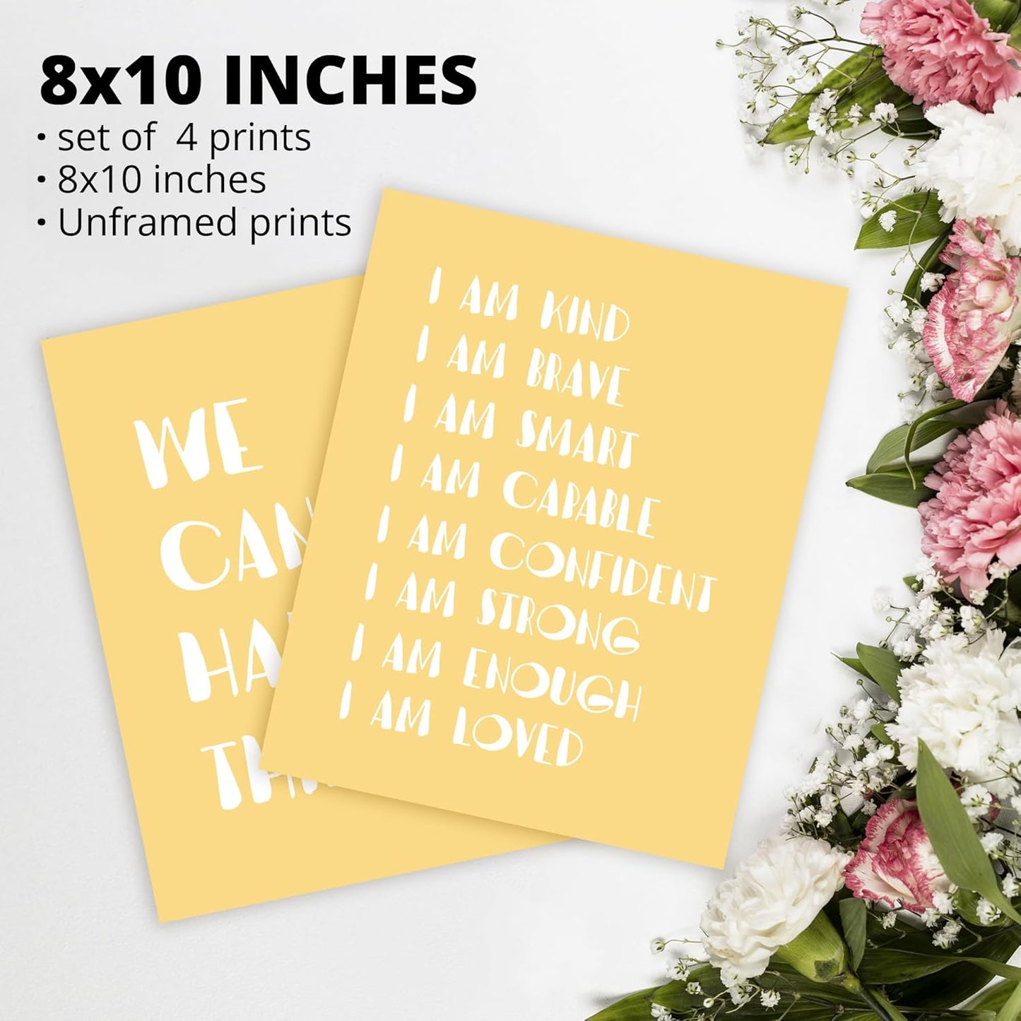 I am Kind Brave Smart Affirmations Yellow Sun Sunshine Hearts Poster Prints for Girls Kids Room Playroom Decor,Girl Nursery Decorations Prints Wall Art Unframed 4pcs 8x10inches,Girls Kids Gifts