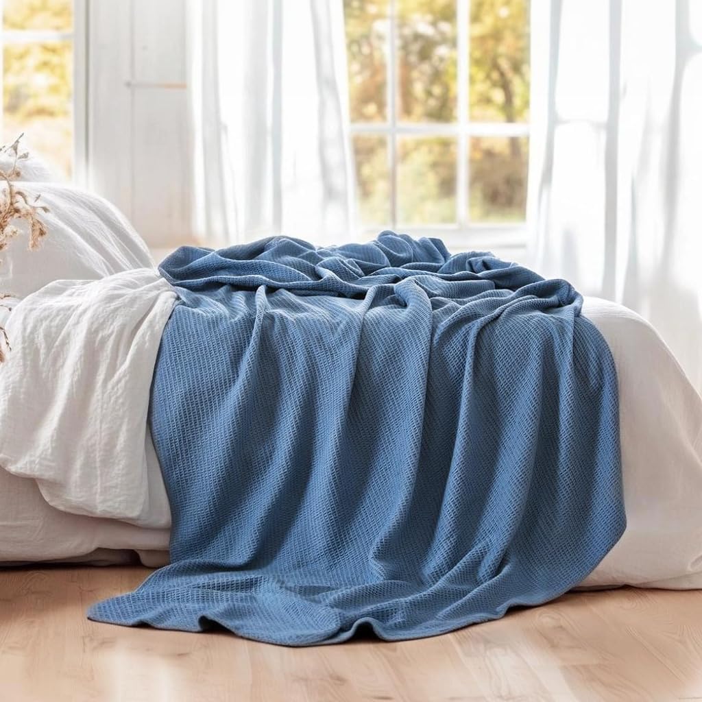 ISAENNE Blue Thin Waffle Weave 100% Cotton Throw Blanket,Solid Color Breathable Soft Cooling Blanket,Lightweight and Skin Friendly Blankets for Bed,Camp,All-Season Use,Christmas,80x60 Inches