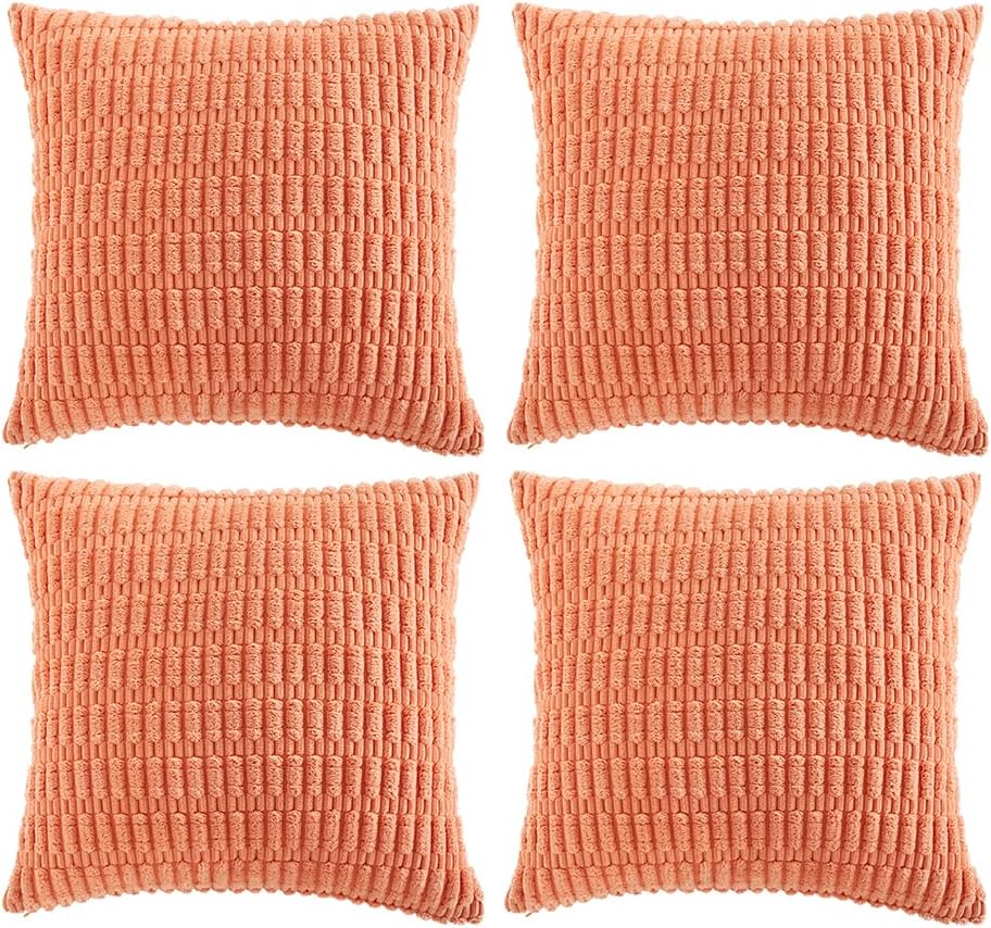 Fancy Homi 4 Packs Boho Coral Decorative Throw Pillow Covers 26x26 Inch for Living Room Couch Bed Sofa, Rustic Modern Farmhouse Home Decor, Soft Plush Corduroy Peach Cute Square Cushion Case 66x66 cm