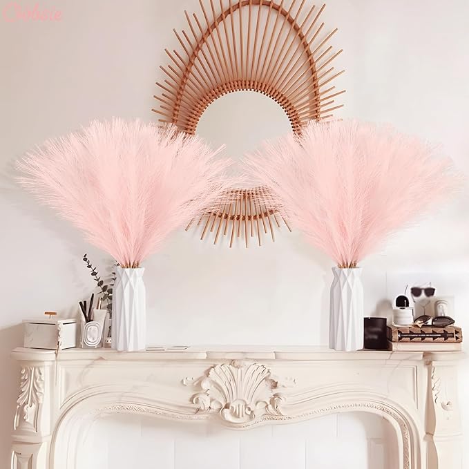 50pcs Pink Faux Pampas Grass Decor, 21.6" Short Artificial Pompous Grass Floral Fake Pompas Grass Branches Vase Filler Flower Arrangement for Home Wedding Boho Decor