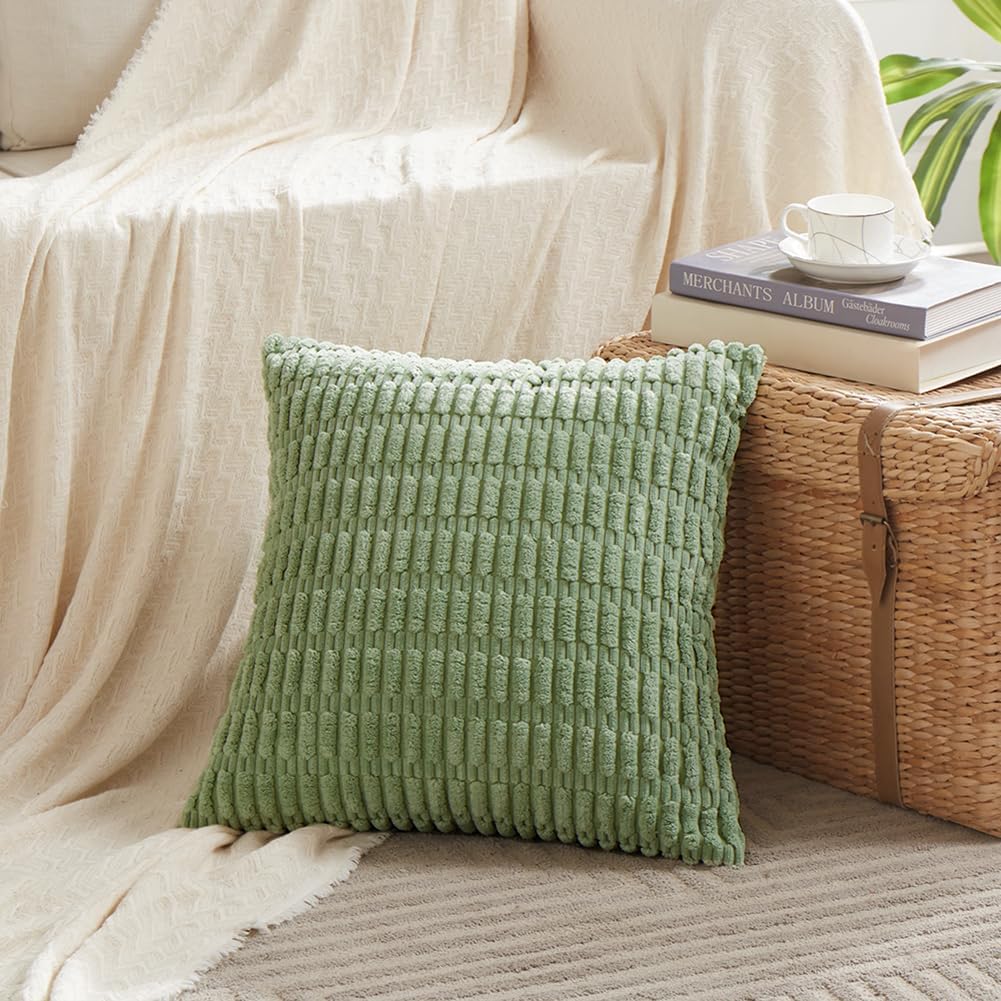 Fancy Homi Sage Green Decorative Throw Pillow Covers 18x18 Inch for Living Room Couch Bed Sofa, Soft Striped Corduroy Square Cushion Case 45x45 cm, Rustic Farmhouse Boho Home Decor