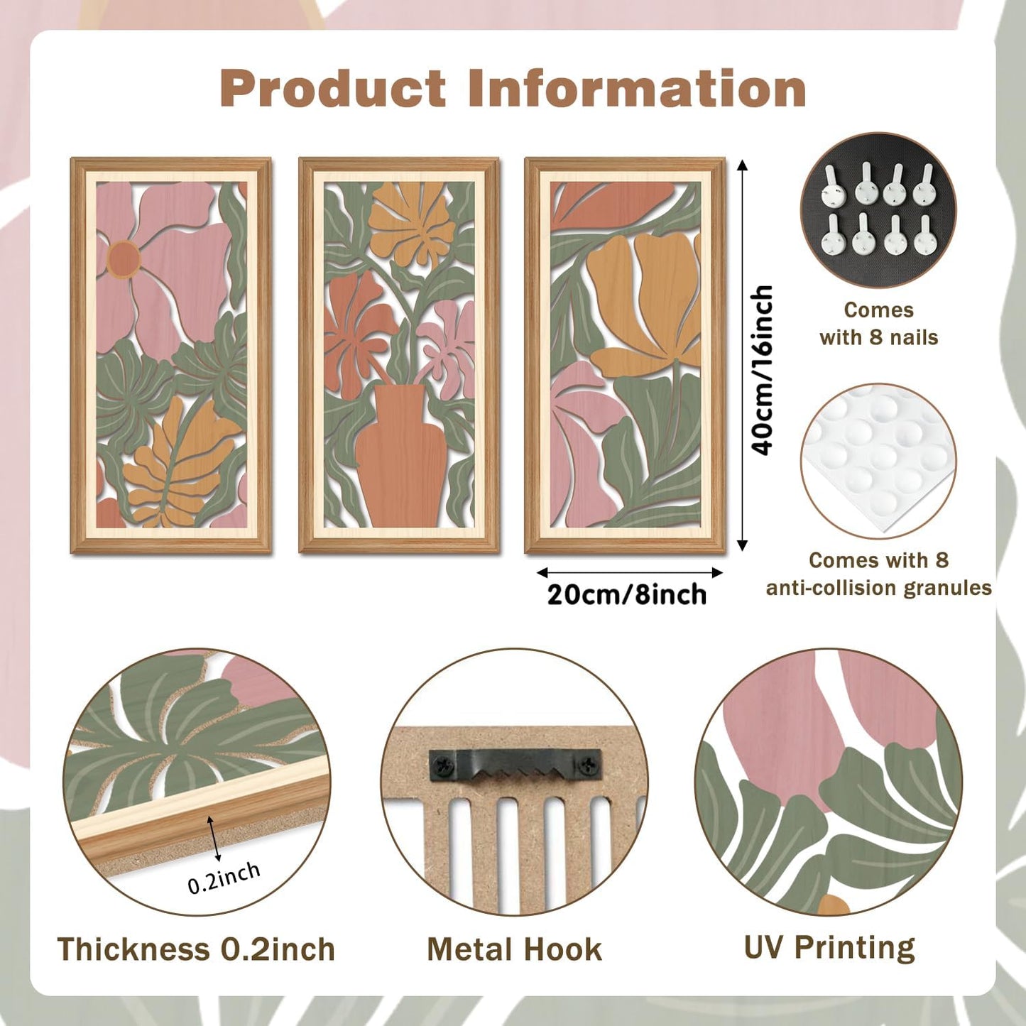 IARTTOP 3 Pcs Boho Flower Market Wall Decor Floral Botanical Modern Wood Wall Art Bohemian Floral Hanging Decor Abstract Minimalist Wooden Art for Living Room Bedroom Office 7.9 x15.8 Inch