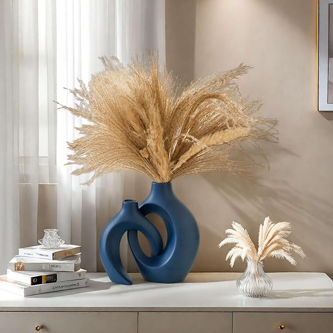 Snuggle Hollow Ceramic Vase Set of 2, Nordic Modern Boho ins Style Ceramic Aesthetic Flower Vases for Home Decor Living Room Coffee Table Decorative (Matte Navy Blue W 6.3" X H 8.4")