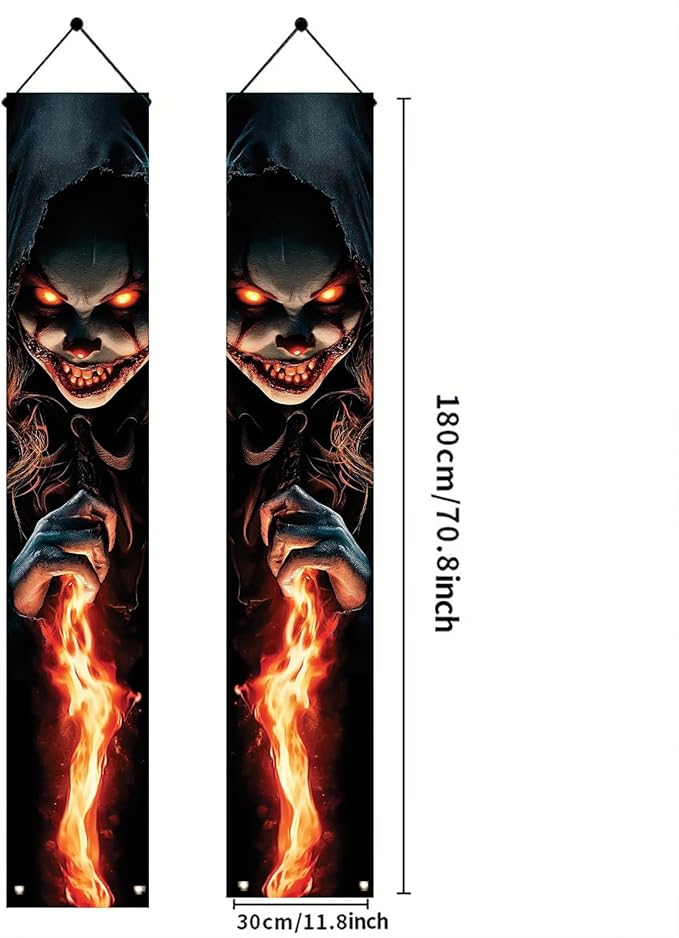 2PCS Halloween Porch Banner Scary Evil Clown Vertical Hanging Decorations for Front Door Outdoor Haunted House Door Sign Spooky Party Wall Decor Trick or Treat Entrance Backdrop 71 x 12 Inch