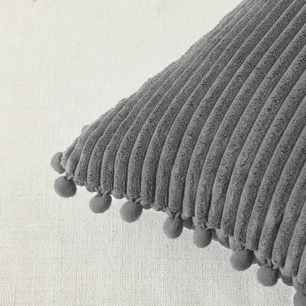 Fancy Homi Pack of 2 Dark Gray Decorative Throw Pillow Covers 24x24 Inch with Pom-poms for Couch Bed Living Room, Soft Corduroy Solid Square Cushion Case 60x60 cm, Farmhouse Boho Home Décor