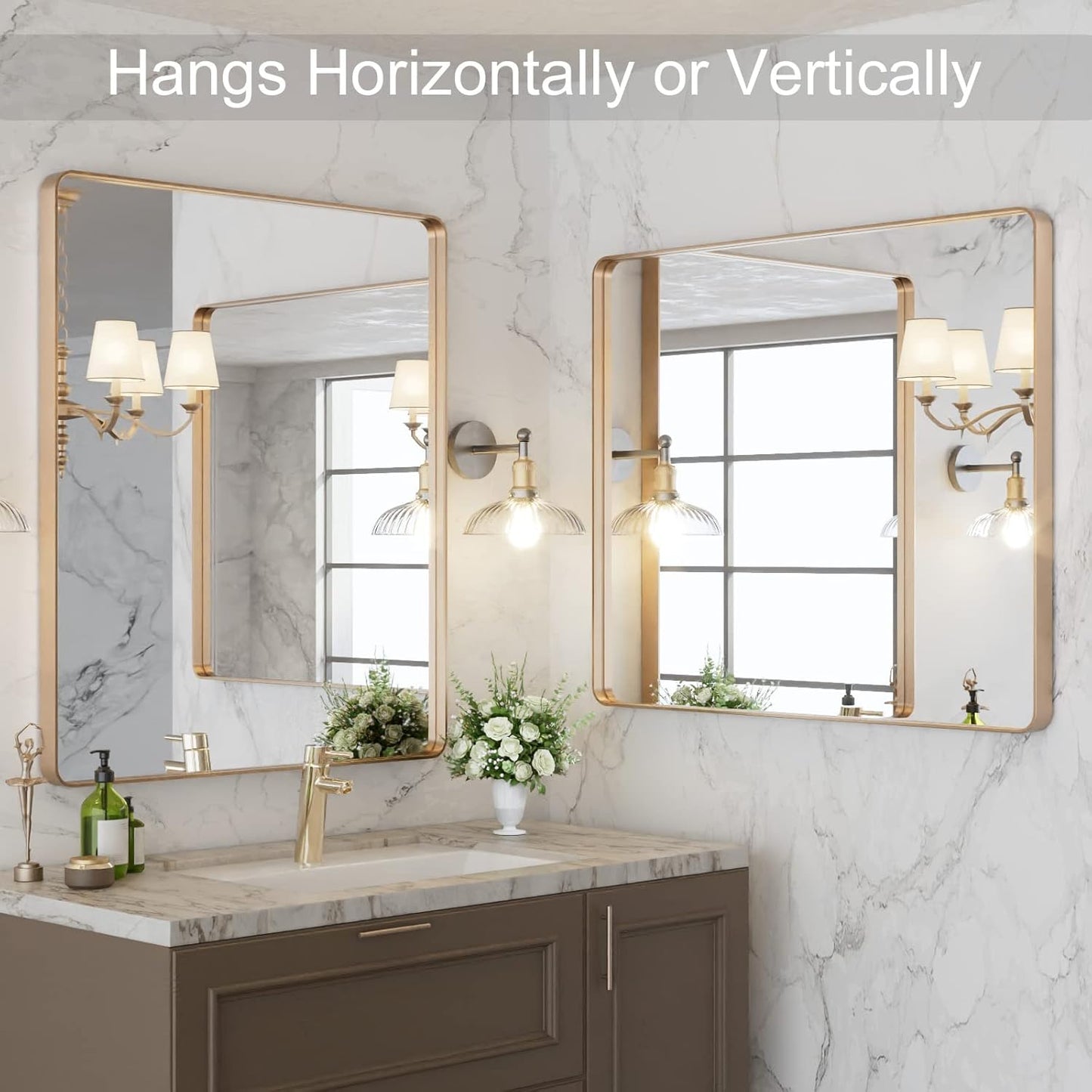 LOAAO 30”X36” Gold Bathroom Mirror, Rounded Rectangle Gold Frame Mirror, Brushed Gold Bathroom Vanity Mirror Wall-Mounted, Anti-Rust, Tempered Glass, Hangs Horizontally or Vertically