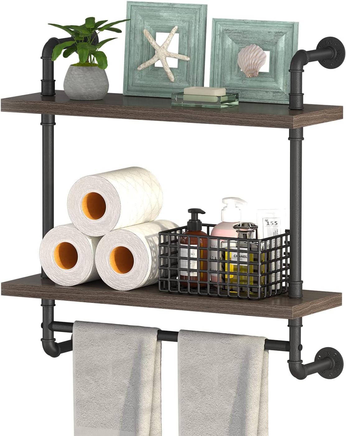 Helsin 2 Tier Wood Floating Shelves Towel Rack, Industrial Pipe Bathroom Shelves Wall Mounted with Towel bar, Wall Display Storage Shelf for Home & Bathroom Decor (Gray, 24inch)