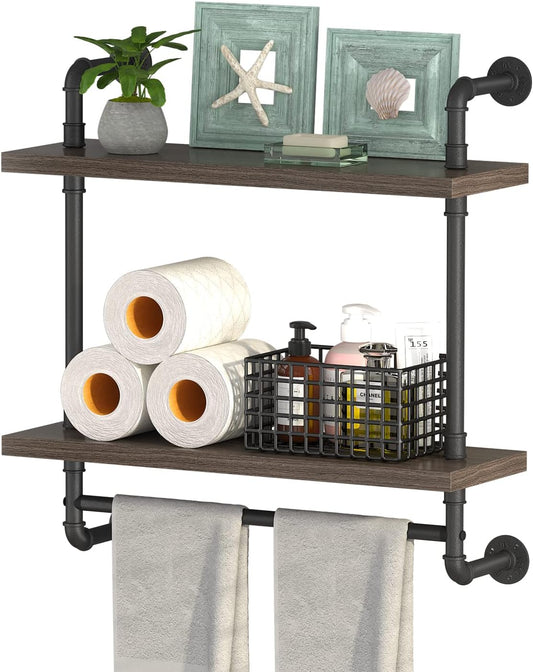 Helsin 2 Tier Wood Floating Shelves Towel Rack, Industrial Pipe Bathroom Shelves Wall Mounted with Towel bar, Wall Display Storage Shelf for Home & Bathroom Decor (Gray, 24inch)