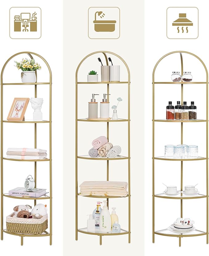 Homhedy 5-Tier Corner Shelf Stand, Metal Corner Bookshelf, Tempered Glass Shelves, Bathroom Storage Rack Shelf, Plant Stand, Modern Style, Golden