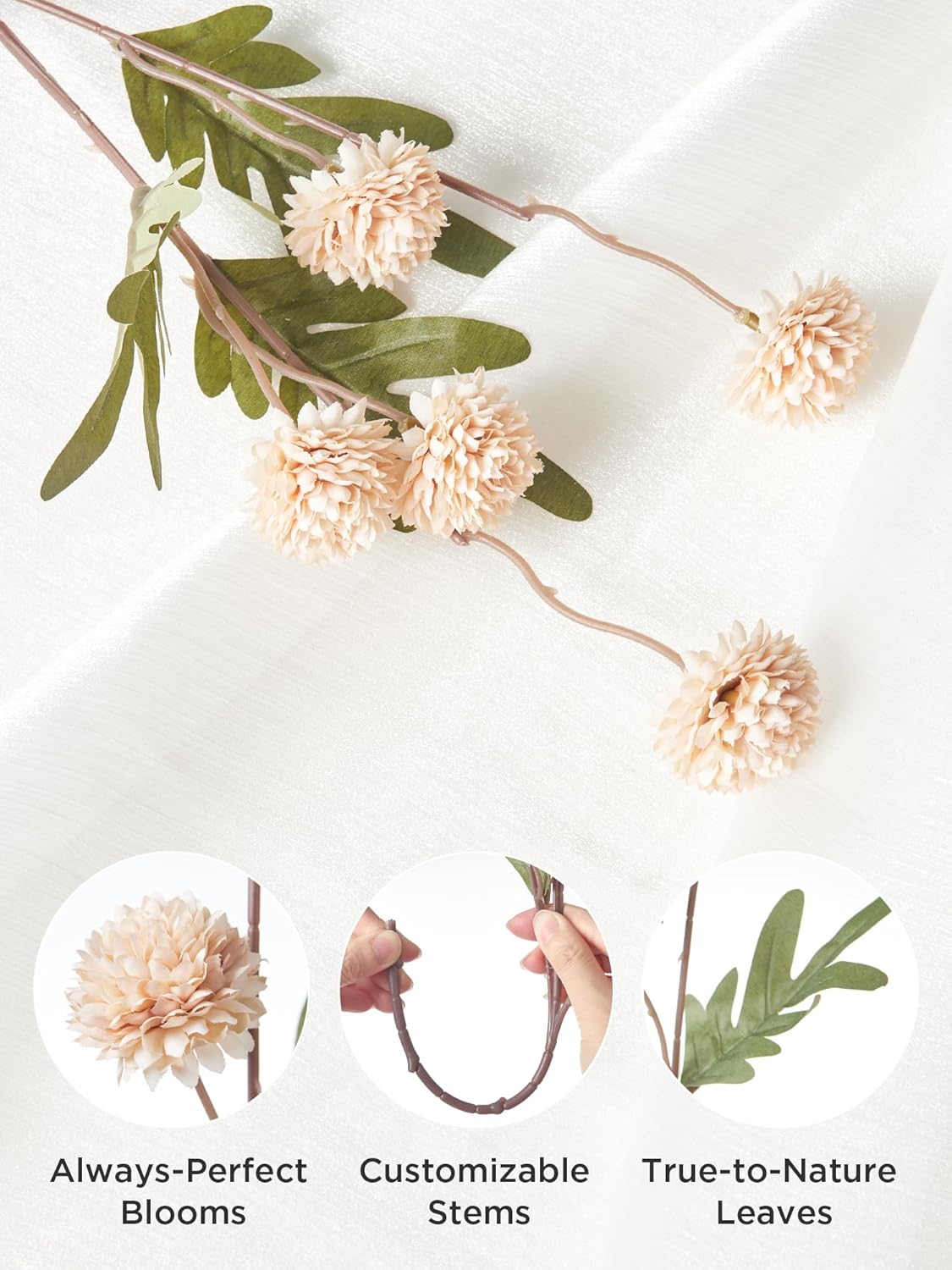 InnoGear Silk Flowers Pompon Mums Artificial Flowers, 5pcs 25 Heads Fake Mini Chrysanthemums with Long Stems Bulk Faux Kiku Flower for Decoration Memorial DIY Wedding Bouquets Centerpieces, Beige