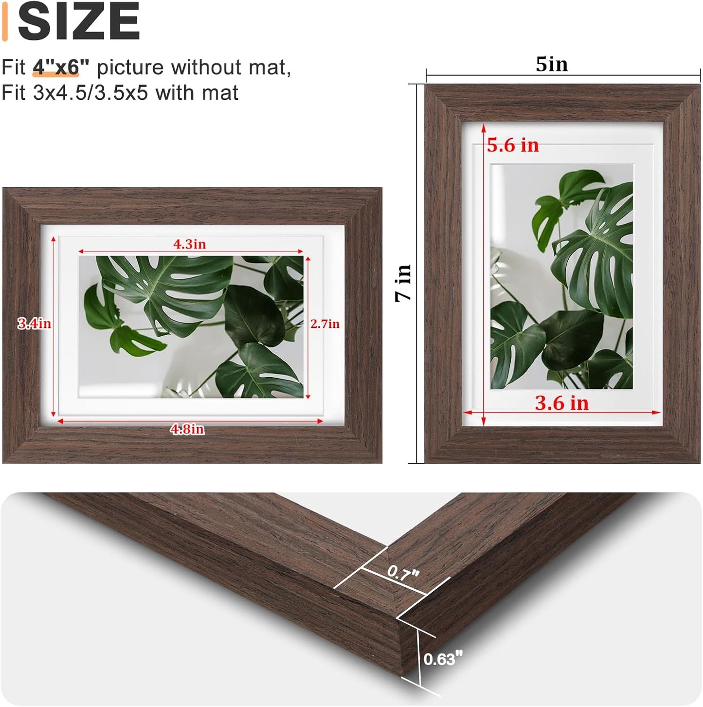 Egofine 4x6 Picture Frames Set of 4, Made of Solid Wood Covered by Plexiglass 3.5x5 with Mat or 4x6 without Mat, for Table Top Display and Wall Mounting Photo Frame Brown